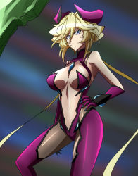 Rule 34 | 1girl, aged up, bare shoulders, blonde hair, blue eyes, bodysuit, breasts, carol malus dienheim, closed mouth, clothing cutout, elbow gloves, gloves, hair between eyes, hand on own hip, large breasts, long hair, looking at viewer, mole, mole under eye, nabeiro kin, navel, navel cutout, senki zesshou symphogear, shiny skin, solo, standing, very long hair