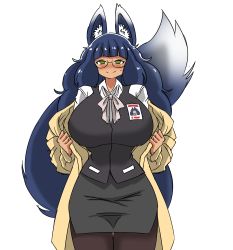 Rule 34 | absurdres, animal ears, blue hair, blush, bow, breasts, coat, deculture, glasses, green eyes, highres, huge breasts, id card, miniskirt, office lady, original, pantyhose, second-party source, skirt, smile, sweatdrop, tail, taking off, thigh gap, wide hips, wolf ears, wolf girl, wolf tail