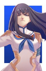 Rule 34 | 1girl, absurdres, black hair, blue background, blue eyes, border, breasts, commentary request, epaulettes, frown, highres, junketsu, kill la kill, kiryuuin satsuki, long hair, looking at viewer, medium breasts, outside border, pomelomelon, sailor collar, simple background, solo, thick eyebrows, v-shaped eyebrows, white border