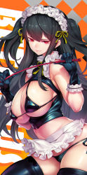 Rule 34 | 1girl, armpit crease, artist name, bacius, bikini, black bikini, black gloves, black hair, black thighhighs, black vest, breast cutout, breasts, cleavage, closed mouth, covered erect nipples, cowboy shot, cropped vest, earrings, frilled skirt, frills, gloves, groin, hair between eyes, hands up, highres, holding, holding whip, jewelry, large breasts, leaning forward, long hair, looking at viewer, maid, maid headdress, micro bikini, miniskirt, original, pinky out, red eyes, side-tie bikini bottom, sidelocks, skindentation, skirt, smile, solo, stomach, swimsuit, thighhighs, thighs, tight clothes, tsurime, two side up, very long hair, vest