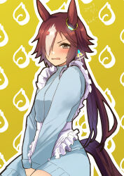 Rule 34 | 1girl, absurdres, animal ears, apron, blue jacket, blue skirt, breasts, brown eyes, brown hair, dated, endo (endoooo uma), hair over one eye, highres, horse ears, horse girl, jacket, jersey maid, long hair, long sleeves, looking at viewer, low ponytail, maid, multicolored hair, open mouth, skirt, small breasts, solo, streaked hair, umamusume, unconventional maid, upper body, v-shaped eyebrows, v arms, vodka (umamusume), waist apron