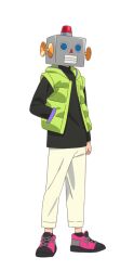 Rule 34 | 1boy, black shirt, full body, green jacket, hand in pocket, jacket, long sleeves, lycoris recoil, male focus, official art, open clothes, open jacket, padded jacket, pants, robota (lycoris recoil), shirt, simple background, sleeveless, sleeveless jacket, solo, standing, tachi-e, transparent background, white pants