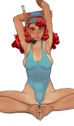 Rule 34 | 1girl, arm up, armpits, arms up, bare arms, bare legs, bare shoulders, barefoot, blue one-piece swimsuit, breasts, butterfly sitting, curly hair, diving mask, diving mask on head, feet together, freckles, giulia marcovaldo, goggles, goggles on head, hands up, highres, knees apart feet together, large breasts, long hair, looking at viewer, luca (pixar), mossacannibalis, one-piece swimsuit, orange eyes, red hair, sideboob, simple background, sitting, smile, snorkel, solo, stretching, swimsuit, tan, toenails, toes, white background