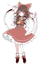 Rule 34 | 1girl, :o, arms up, ascot, black footwear, bow, brown eyes, brown hair, detached sleeves, frilled bow, frilled shirt collar, frilled skirt, frills, full body, gohei, hair bow, hair tubes, hakurei reimu, holding, long hair, looking down, mozukuzu (manukedori), red bow, ribbon-trimmed sleeves, ribbon trim, sidelocks, simple background, skirt, socks, solo, standing, touhou, white background, wide sleeves, yellow ascot