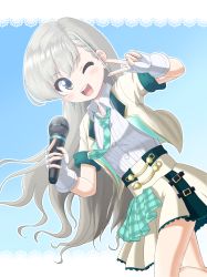 Rule 34 | 1girl, ;d, absurdres, aqua necktie, braid, braided bangs, breasts, brown jacket, brown skirt, collared shirt, commentary request, feet out of frame, fingerless gloves, gloves, green eyes, grey hair, highres, hisakawa hayate, holding, holding microphone, idolmaster, idolmaster cinderella girls, idolmaster cinderella girls starlight stage, jacket, long hair, looking at viewer, microphone, necktie, one eye closed, open clothes, open jacket, open mouth, plaid, plaid necktie, pleated skirt, shirt, skirt, small breasts, smile, solo, standing, teeth, unadon (unadoom), upper teeth only, v, very long hair, white gloves, white shirt