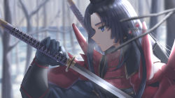 Rule 34 | 1girl, armor, black gloves, black hair, blue eyes, blurry, blurry background, commentary request, depth of field, fate/grand order, fate (series), faton, from side, gloves, highres, holding, holding sword, holding weapon, japanese clothes, katana, long hair, open mouth, portrait, solo, sword, taira no kagekiyo (fate), upper body, ushiwakamaru (fate), weapon