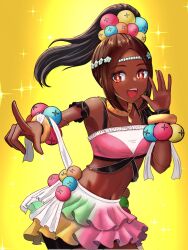 Rule 34 | 1girl, bare shoulders, brown hair, crop top, dark-skinned female, dark skin, fire emblem, fire emblem engage, hair ornament, highres, kyata game, looking at viewer, midriff, navel, nintendo, open mouth, pointing, ponytail, skirt, solo, star-shaped pupils, star (symbol), symbol-shaped pupils, teeth, timerra (fire emblem), upper teeth only, yellow background