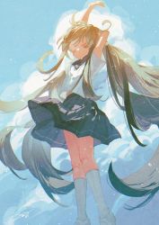 Rule 34 | 1girl, arms up, black sailor collar, black skirt, blue sky, brown hair, closed mouth, cloud, commentary request, day, closed eyes, highres, kneehighs, light particles, long hair, original, outdoors, pleated skirt, potg (piotegu), sailor collar, school uniform, serafuku, shirt, short sleeves, signature, skirt, sky, socks, solo, stretching, twintails, very long hair, white footwear, white socks, white shirt