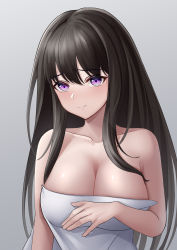 Rule 34 | 1girl, absurdres, black hair, breasts, cleavage, closed mouth, constantine-xii, grey background, hair between eyes, hand on own chest, highres, inoue takina, large breasts, long hair, looking at viewer, lycoris recoil, naked towel, purple eyes, shiny skin, simple background, straight hair, towel, upper body, very long hair