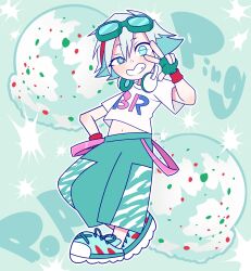 Rule 34 | + +, 1other, androgynous, aqua eyes, aqua footwear, aqua pants, baggy pants, bracelet, ezaki bisuko, fingerless gloves, food, freckles, gloves, green background, green gloves, headphones, headphones around neck, highres, ice cream, jewelry, multicolored hair, navel, original, other focus, outline, pants, print shirt, red bracelet, red hair, shirt, short hair, smile, solo, sparkle, streaked hair, white hair, white outline, white shirt