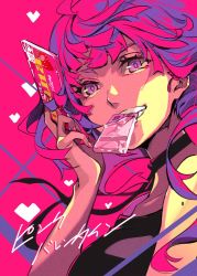 Rule 34 | 1girl, black choker, black ribbon, candy, chocolate, chocolate bar, choker, commentary request, food, hand up, heart, holding, looking at viewer, lotte (company), mouth hold, pink eyes, pink hair, pink theme, pink valentine, pokimari, ribbon, ribbon choker, short hair, smile, solo, upper body