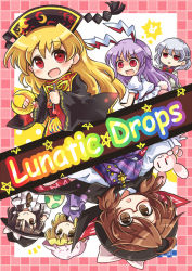 Rule 34 | 6+girls, animal ears, black dress, blonde hair, bow, brown eyes, brown hair, rabbit ears, rabbit tail, cape, chinese clothes, cover, cover page, dress, english text, glasses, hair ornament, hat, hat bow, juliet sleeves, junko (touhou), kishin sagume, long hair, long sleeves, maribel hearn, mob cap, multiple girls, one eye closed, open mouth, pote (ptkan), puffy short sleeves, puffy sleeves, purple dress, purple hair, red-framed eyewear, red eyes, reisen udongein inaba, sash, shirt, short hair, short sleeves, silver hair, skirt, smile, tabard, tail, touhou, upside-down, usami renko, usami sumireko, very long hair, yellow eyes