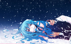 Rule 34 | 1girl, blue hair, eretto, female focus, food, fruit, hat, highres, hinanawi tenshi, long hair, lying, on side, peach, red eyes, snow, snowing, solo, touhou, wallpaper, winter