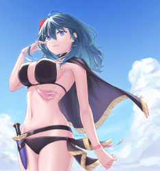 Rule 34 | 1girl, ahoge, bikini, black bikini, black cape, blue eyes, blue hair, blue sky, breasts, byleth (female) (fire emblem), byleth (female) (summer) (fire emblem), byleth (fire emblem), cape, cleavage, closed mouth, cloud, commentary request, cowboy shot, dagger, day, fire emblem, fire emblem: three houses, fire emblem heroes, floating hair, flower, groin, hair between eyes, hair flower, hair ornament, hand up, highres, knife, large breasts, long hair, looking at viewer, midriff, navel, nintendo, official alternate costume, orio (oront1y), ribbon, sheath, sheathed, sidelocks, sky, smile, solo, standing, swimsuit, twitter username, weapon, wrist ribbon