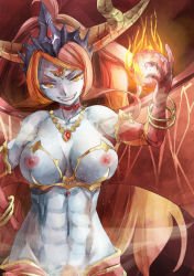Rule 34 | 1girl, abs, ahoge, bad id, bad pixiv id, bangle, blue skin, bracelet, breasts, choker, circlet, collarbone, colored skin, demon girl, demon horns, elbow gloves, evil grin, evil smile, fang, female pubic hair, fire, gloves, grin, hand on own hip, heart, hera-ur (p&amp;d), hera (p&amp;d), horns, jewelry, large breasts, lips, looking at viewer, multicolored hair, navel, nipples, orange hair, pubic hair, puzzle &amp; dragons, red gloves, red hair, red pubic hair, smile, sneer, solo, tiara, toned, two-tone hair, yellow eyes, yohane