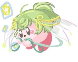 Rule 34 | ahoge, anna mel, black eyes, blush, card, copy ability, creature, green hair, green ribbon, kirby, kirby (series), lowres, magia record: mahou shoujo madoka magica gaiden, mahou shoujo madoka magica, momosammy, nintendo, no humans, open mouth, ponytail, ribbon, simple background, swept bangs, veil, white background