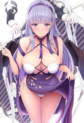 Rule 34 | 1girl, absurdres, azur lane, bare shoulders, black wings, blush, breasts, cleavage, closed mouth, criss-cross halter, dido (anxious bisque doll) (azur lane), dido (azur lane), disembodied hand, dress, gloves, hairband, halter dress, halterneck, headband, highres, huge breasts, large wings, lifted by self, long dress, long hair, looking at viewer, melopun, multiple hands, panties, purple dress, purple eyes, purple hairband, purple headband, silver hair, thighs, underwear, white gloves, white panties, wings