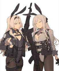 Rule 34 | 2girls, ak-12, ak-12 (girls&#039; frontline), ammunition pouch, an-94 (girls&#039; frontline), animal ears, assault rifle, black gloves, black legwear, blonde hair, blue eyes, braid, breasts, cleavage, closed eyes, closed mouth, collared shirt, french braid, girls&#039; frontline, gloves, grin, gun, headband, highres, holding, holding gun, holding weapon, kalashnikov rifle, large breasts, leotard, long hair, low tied hair, maiqo, multiple girls, pantyhose, pouch, rabbit ears, rifle, shirt, sidelocks, simple background, smile, strap, tactical clothes, weapon, white background