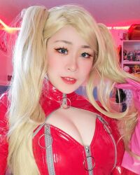 Rule 34 | 1girl, asian, blonde hair, bodysuit, breasts, cleavage, cosplay, drill hair, highres, medium breasts, photo (medium), real life, red bodysuit, solo, tagme, takamaki anne, takamaki anne (cosplay), twin drills, twintails
