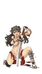 Rule 34 | 1girl, animal ears, artist request, blush, breasts, broken, broken sword, broken weapon, brown hair, fake animal ears, full body, holding, holding sword, holding weapon, katana, kneeling, large breasts, long hair, muranaka (oshiro project), official art, on one knee, open mouth, orange eyes, oshiro project:re, oshiro project:re, solo, sword, torn clothes, transparent background, unsheathed, weapon