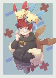 Rule 34 | 1girl, backpack, bag, blue hair, blush, border, brown bag, closed mouth, commentary request, creatures (company), game freak, gen 3 pokemon, glasses, hand up, hood, hoodie, minun, multicolored hair, nintendo, on head, pantyhose, penny (pokemon), plusle, poke ball print, pokemon, pokemon (creature), pokemon on head, pokemon sv, print pantyhose, red hair, round eyewear, s (happycolor 329), see-through, see-through skirt, short hair, shorts, shorts under skirt, skirt, sweatdrop, two-tone hair, white border