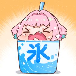 Rule 34 | 1girl, blue hair, blush, chibi, closed eyes, crying, cup, drinking straw, earrings, fang, idolmaster, idolmaster cinderella girls, jewelry, multicolored hair, objectification, open mouth, orange background, pill earrings, pink hair, solo, takato kurosuke, tears, translated, two-tone hair, v-shaped eyebrows, wave print, white background, yumemi riamu