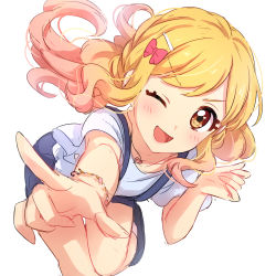 Rule 34 | 10s, 1girl, :d, aikatsu! (series), aikatsu stars!, black footwear, blonde hair, blouse, blue shorts, blush, bow, bracelet, brown eyes, eyelashes, gradient hair, hair bow, hair ornament, hairclip, heart, heart necklace, highres, jewelry, leaning forward, long hair, looking at viewer, multicolored hair, necklace, nijino yume, one eye closed, open mouth, pink bow, pink hair, pointing, pointing at viewer, sekina, shirt, shorts, simple background, sketch, smile, socks, solo, standing, standing on one leg, suspender shorts, suspenders, white background, white shirt, white socks