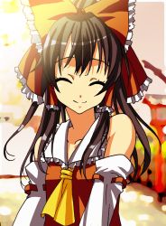 Rule 34 | 1girl, bare shoulders, bow, brown hair, detached sleeves, closed eyes, female focus, flat chest, hair bow, hair tubes, hakurei reimu, happy, hidari (coletica), highres, japanese clothes, large bow, miko, ribbon, smile, solo, sunlight, torii, touhou, upper body
