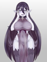 Rule 34 | 1girl, banshee (monster girl encyclopedia), black thighhighs, breasts, colored skin, commentary, covered erect nipples, gluteal fold, gradient background, grey background, grey eyes, hair between eyes, hands on own face, highres, large breasts, long hair, looking at viewer, monster girl encyclopedia, nav (itsnav), open mouth, panties, pointy ears, runny makeup, see-through, simple background, sleeveless, solo, taut clothes, thigh gap, thighhighs, underwear, very long hair, wavy mouth, white skin