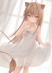 Rule 34 | 1girl, absurdres, ahoge, animal ears, bare arms, bare shoulders, blush, bow, breasts, brown hair, brown tail, carpet, collarbone, dot nose, dress, feet out of frame, frilled dress, frills, hand on own chest, highres, indie virtual youtuber, indoors, knees together feet apart, lion ears, lion girl, lion tail, long hair, looking at viewer, open mouth, red bow, rurudo lion, rurudo lion (1st costume), see-through, skirt hold, small breasts, solo, standing, tail, twinn 22 (twin tail22), virtual youtuber, white dress, window, yellow eyes