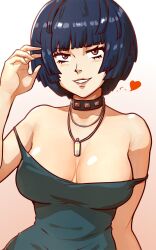 Rule 34 | 2022, adjusting hair, atlus, bare shoulders, blue dress, blue hair, blush, bob cut, breasts, brown eyes, chief (91m10), cleavage, collar, contrapposto, dress, eyelashes, gradient background, grin, heart, highres, jewelry, large breasts, lips, looking at viewer, necklace, persona, persona 5, pink background, seductive smile, shiny skin, short hair, simple background, smile, spaghetti strap, spiked collar, spikes, strap slip, takemi tae, upper body