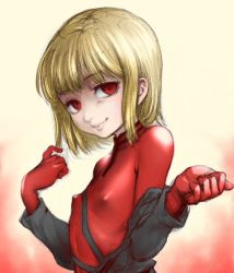 Rule 34 | 1girl, blonde hair, bob cut, child, covered erect nipples, drag-on dragoon, drag-on dragoon 1, dress, female focus, funnyari, gloves, looking at viewer, manah, red eyes, red gloves, smirk, solo, upper body