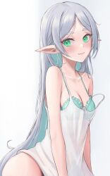 Rule 34 | 1girl, absurdres, alternate costume, blush, bra, breasts, closed mouth, collarbone, commentary, dress, elf, facing viewer, frieren, green bra, green eyes, grey hair, highres, long hair, looking ahead, off shoulder, pointy ears, see-through, see-through dress, simple background, sleepwear, small breasts, smile, solo, sousou no frieren, underline (yuki154cm), underwear, upper body, white background, white dress