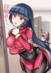 Rule 34 | 2girls, :o, arm under breasts, bellelba (pokemon), black hair, black legwear, blue eyes, blunt bangs, blush, bodysuit, breasts, brown hair, commentary request, covered navel, creatures (company), door, embarrassed, game freak, gloves, gym leader, hand on own chin, hat, highres, imitating, large breasts, long hair, long sleeves, multiple girls, nintendo, open door, pantyhose, peeking out, pokemon, pokemon bw2, pokemon frlg, pokemon masters ex, red eyes, rosa (pokemon), sabrina (pokemon), sparkle, stroking own chin, sumida kichi, sweatdrop, translation request, very long hair, white gloves