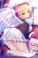 1girl angel angel_wings ass bare_legs bent_over blonde_hair blush bow breast_press breasts brown_vest commentary_request feathered_wings feathers finger_to_mouth from_behind from_side full_body gengetsu_(touhou) hair_bow highres indoors kneeling leaning_forward long_hair long_sleeves looking_at_viewer looking_back medium_breasts midriff natsu_(927013) open_clothes open_vest panties pointing pointing_at_self red_bow shirt smile solo stuffed_animal stuffed_toy teddy_bear thighs touhou touhou_(pc-98) underwear upskirt vest white_panties white_shirt white_wings wings wings_through_clothes yellow_eyes