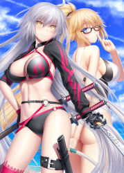 Rule 34 | 2girls, ahoge, ass, bikini, black-framed eyewear, black bikini, black choker, black gloves, black jacket, blue sky, breasts, butt crack, choker, cleavage, cloud, competition swimsuit, contrail, cropped jacket, day, fate/grand order, fate (series), glasses, gloves, grey hair, highleg, highleg swimsuit, highres, holding, hoop, hula hoop, jacket, jeanne d&#039;arc alter (swimsuit berserker) (fate), jeanne d&#039;arc (fate), jeanne d&#039;arc (ruler) (fate), jeanne d&#039;arc (swimsuit archer) (fate), jeanne d&#039;arc (swimsuit archer) (second ascension) (fate), jeanne d&#039;arc alter (fate), jeanne d&#039;arc alter (swimsuit berserker) (fate), katana, large breasts, long hair, masatoki, multiple girls, multiple swords, navel, o-ring, o-ring bikini, o-ring bottom, o-ring top, ocean, one-piece swimsuit, ponytail, red legwear, sheath, sheathed, shrug (clothing), single thighhigh, sky, smile, swimsuit, sword, thigh strap, thighhighs, very long hair, weapon, white one-piece swimsuit, yellow eyes