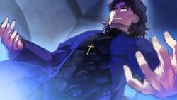 Rule 34 | 1boy, abs, bad id, bad pixiv id, biceps, brown eyes, brown hair, cassock, church, cross, cross necklace, fate/stay night, fate/zero, fate (series), from below, glowing, habit, indoors, jewelry, kotomine kirei, male focus, matching hair/eyes, muscular, necklace, pantsu (lootttyyyy), priest, short hair, smile, solo, solo focus, toned