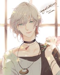 Rule 34 | 1boy, bishounen, black choker, bracelet, choker, collarbone, commentary request, earrings, fuyuomi, green eyes, grey hair, hair between eyes, hand up, holding, holostars, jewelry, looking at viewer, male focus, necklace, open mouth, rikka (holostars), shirt, short hair, smile, solo, sweater, teeth, upper body, virtual youtuber, white shirt