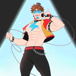 Rule 34 | 1boy, abs, absurdres, armband, bara, belt, biceps, bow, bowtie, bracelet, chain, facial hair, feraltintinsimp, five nights at freddy&#039;s, five nights at freddy&#039;s: security breach, freddy fazbear, glamrock freddy, hat, highres, jacket, jewelry, large pectorals, male focus, manly, microphone, muscular, muscular male, navel, nipples, one eye closed, open clothes, open jacket, pants, pectorals, smile, solo, spotlight, tattoo, thick arms, tusks