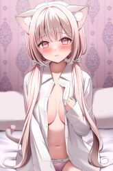 Rule 34 | 1girl, animal ear fluff, animal ears, blonde hair, blush, breasts, cat ears, cat girl, cat tail, closed mouth, collared shirt, commentary request, embarrassed, highres, large breasts, long sleeves, looking at viewer, mikumineko, no bra, on bed, open clothes, open shirt, original, panties, pillow, pink eyes, pink panties, shirt, sitting, tail, underwear, white shirt