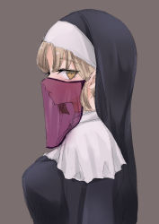 Rule 34 | 1girl, bad id, bad twitter id, blush, brown background, brown eyes, from side, habit, itou ayachi, light brown hair, long hair, looking at viewer, mouth veil, nijisanji, nun, see-through, simple background, sister claire, sister claire (1st costume), sketch, solo, traditional nun, veil, virtual youtuber