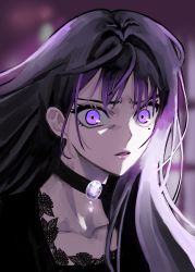 Rule 34 | 1girl, absurdres, bad id, bad pixiv id, bands, black choker, black hair, blurry, blurry background, choker, gem, highres, ing5, long hair, looking at viewer, medea solon, mole, mole under eye, parted lips, portrait, purple eyes, solo, your throne