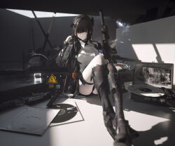 Rule 34 | 1girl, absurdres, assault rifle, black hair, black jacket, boots, cell (acorecell), collared shirt, gloves, gun, half gloves, headgear, highres, id card, jacket, knee boots, kneehighs, looking at viewer, open clothes, open jacket, original, phonograph, record, red eyes, rifle, science fiction, shirt, sitting, socks, thigh strap, weapon, white shirt