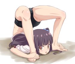 Rule 34 | 10s, 1girl, :o, arched back, bare legs, barefoot, blunt bangs, blush, buruma, commentary request, contortion, feet, flexible, full body, gym uniform, gymnastics, hair bobbles, hair ornament, hands on feet, hinako note, holding own foot, looking at viewer, looking through own legs, nail polish, nakajima yua, open mouth, pink nails, rhythmic gymnastics, shirt, short sleeves, side ponytail, sidelocks, sincos, solo, tareme, thighs, toenail polish, toenails, toes, top-down bottom-up, white shirt, yellow eyes