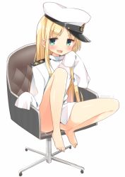 Rule 34 | 10s, 1girl, :d, aqua eyes, bare legs, barefoot, blonde hair, blush, chair, convenient leg, fang, feet on chair, female admiral (kancolle), full body, hat, head rest, kantai collection, little girl admiral (kancolle), long hair, looking at viewer, masuishi kinoto, military, military uniform, no pants, open mouth, oversized clothes, peaked cap, shima (shima je), sitting, sleeves past wrists, smile, solo, twitter username, uniform