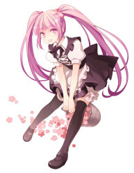 Rule 34 | 1girl, apron, basket, black skirt, black thighhighs, flower, frills, full body, hair flower, hair ornament, long hair, ninjin (charat7), puffy sleeves, purple eyes, purple hair, shoes, skirt, smile, solo, sophie (tales), tales of (series), tales of graces, thighhighs, twintails, white background