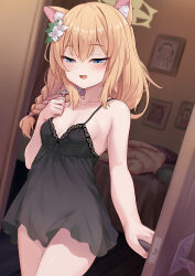 Rule 34 | 1boy, 1girl, animal ears, black camisole, blue archive, blue eyes, blush, braid, breasts, camisole, collarbone, doodle sensei (blue archive), door, flower, hair between eyes, hair flower, hair ornament, halo, highres, long hair, looking at viewer, mari (blue archive), milkshakework, orange hair, sensei (blue archive), single braid, small breasts, smile, solo focus, white flower, yellow halo
