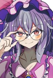 Rule 34 | 1girl, adjusting eyewear, bespectacled, breasts, cleavage, commentary request, frilled shirt collar, frills, glasses, grey hair, hat, highres, kana (user rkuc4823), large breasts, mob cap, portrait, red eyes, remilia scarlet, smile, solo, sweat, touhou