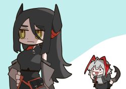 Rule 34 | 2girls, akanbe, antenna hair, arknights, black hair, chibi, commentary request, demon tail, detached sleeves, eyelid pull, grey hair, hair between eyes, hand on own hip, horns, ines (arknights), kdmr0402, long hair, looking at another, medium hair, multiple girls, red eyes, shadow, tail, tongue, tongue out, w (arknights), yellow eyes