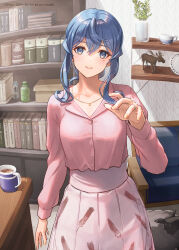 Rule 34 | 1girl, animal, blue eyes, blue hair, book, bookshelf, breasts, buttons, coffee, collarbone, commission, cup, dated, fingernails, gotland (kancolle), hair between eyes, indoors, jewelry, kantai collection, long hair, medium breasts, mole, mole under eye, necklace, open mouth, pink shirt, pink skirt, plant, potted plant, ring, sheep, shirt, skeb commission, skirt, smile, solo, tantaka, twitter username, wedding ring
